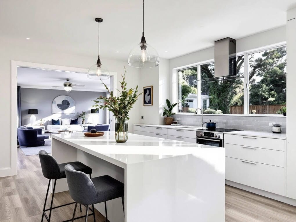 Open-plan white kitchen with island bench, grey chairs, pendant lights, and large windows overlooking backyard in Perth home