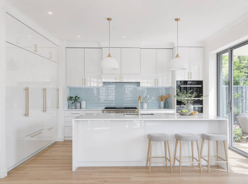 Stylish white kitchen with gold handles, blue tiled splashback, and glossy cabinetry — a perfect example for homeowners buying kitchen cabinets in Perth