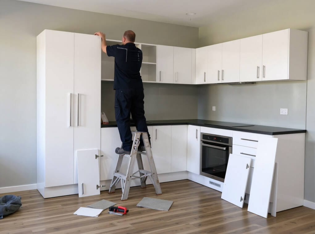 Installer fitting pre-assembled white kitchen cabinets on a timber floor, demonstrating an easy DIY kitchen installation in Perth