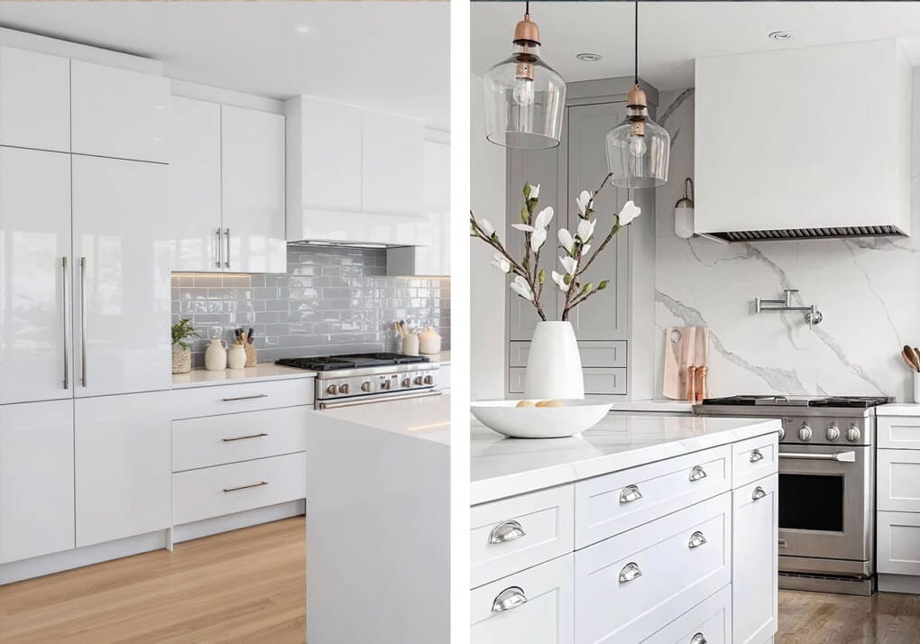 Comparison of modern flat-panel and classic shaker-style kitchen cabinet doors, showcasing two popular cabinet design trends