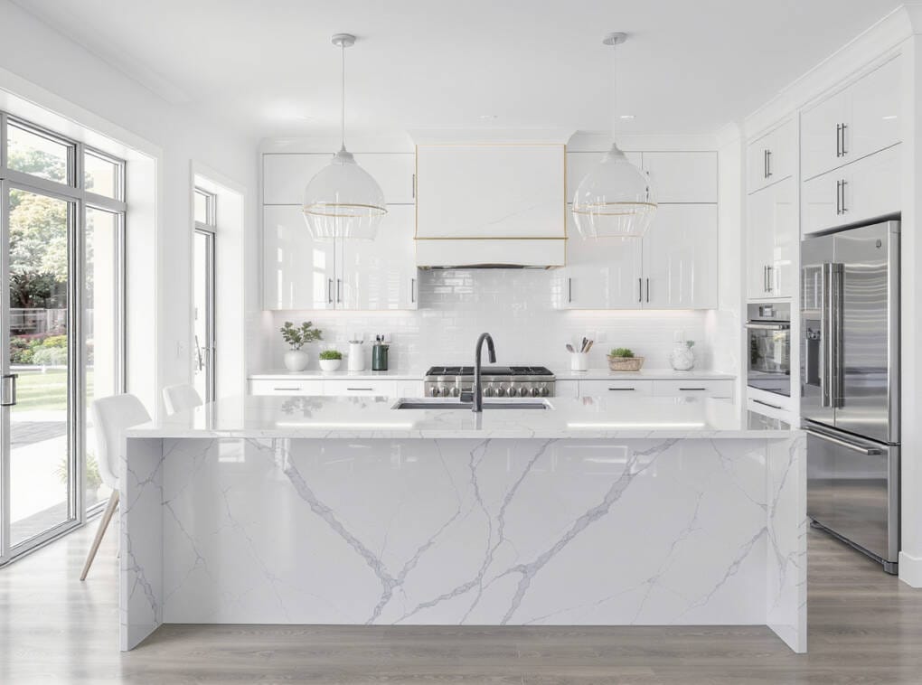 Modern white kitchen with a marble waterfall island design, showcasing a functional and elegant kitchen island layout configuration