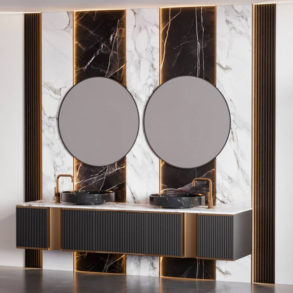 round black framed bathroom mirrors over modern double vanity