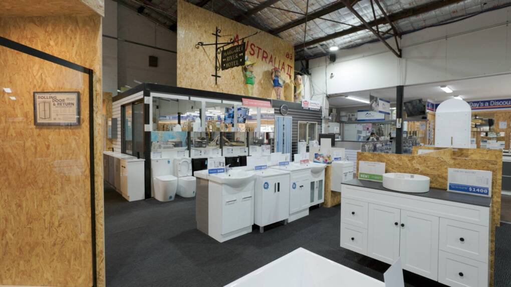 Extensive range of bathroom supplies on display at Ross’s Discount Home Centre Perth – vanities, basins, and accessories for complete renovations