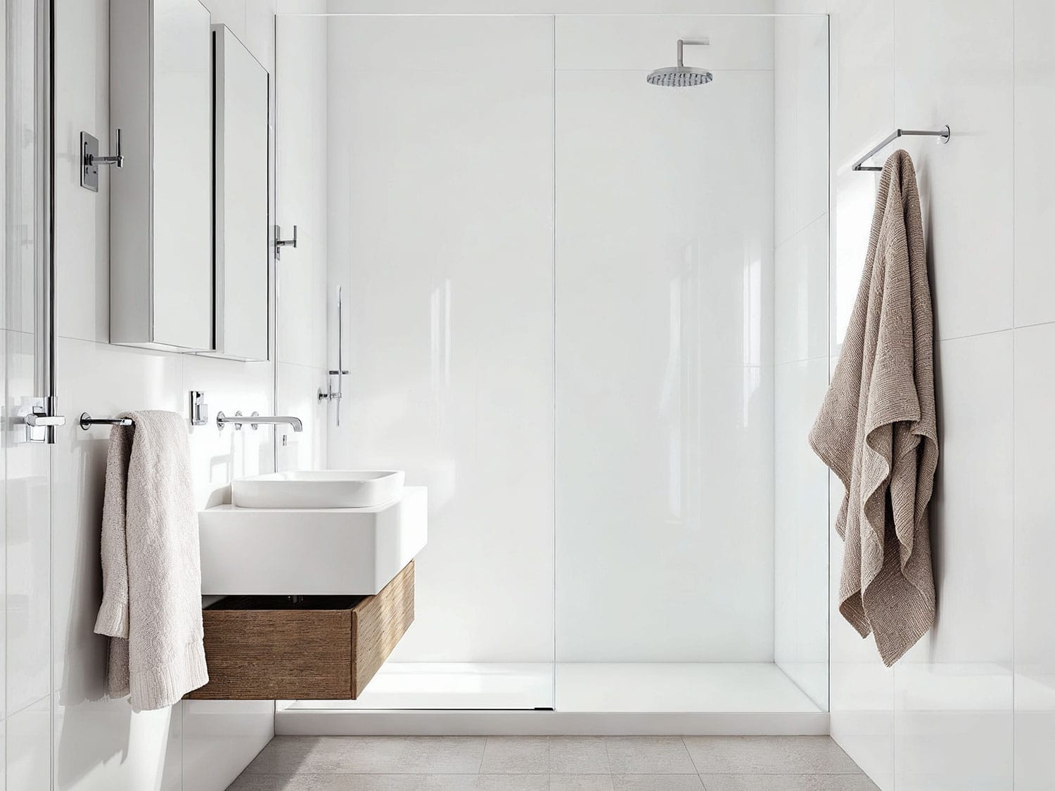 Compact modern bathroom with frameless shower, wall-hung vanity, and minimalist fittings – small bathroom layout ideas Perth