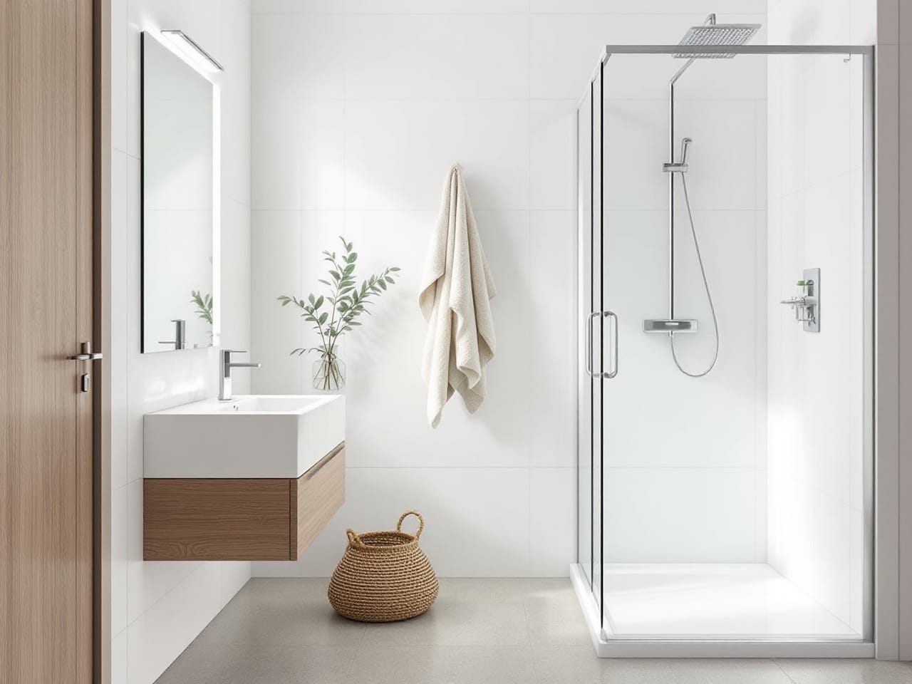 Bright small bathroom with frameless shower, wall-hung vanity, and natural light – smart lighting and storage ideas for small bathroom renovations Perth