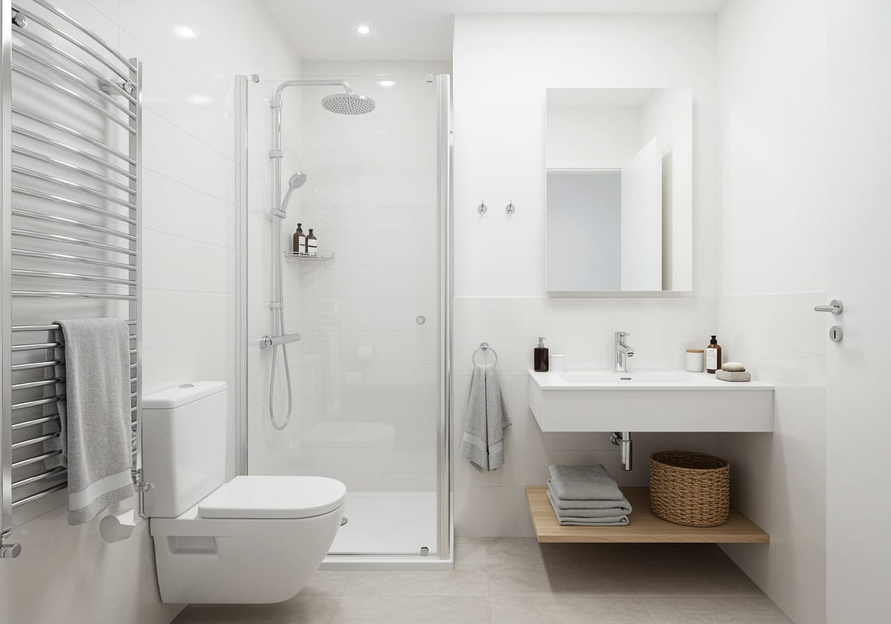 Compact bathroom with wall-hung vanity, frameless shower screen, and back-to-wall toilet – space-saving bathroom fixtures Perth