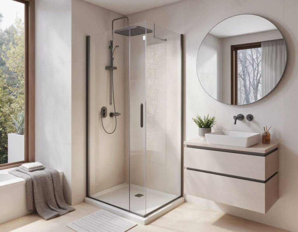 Modern small bathroom with neutral finishes, frameless glass shower, and wall-mounted vanity – durable bathroom finishes Perth