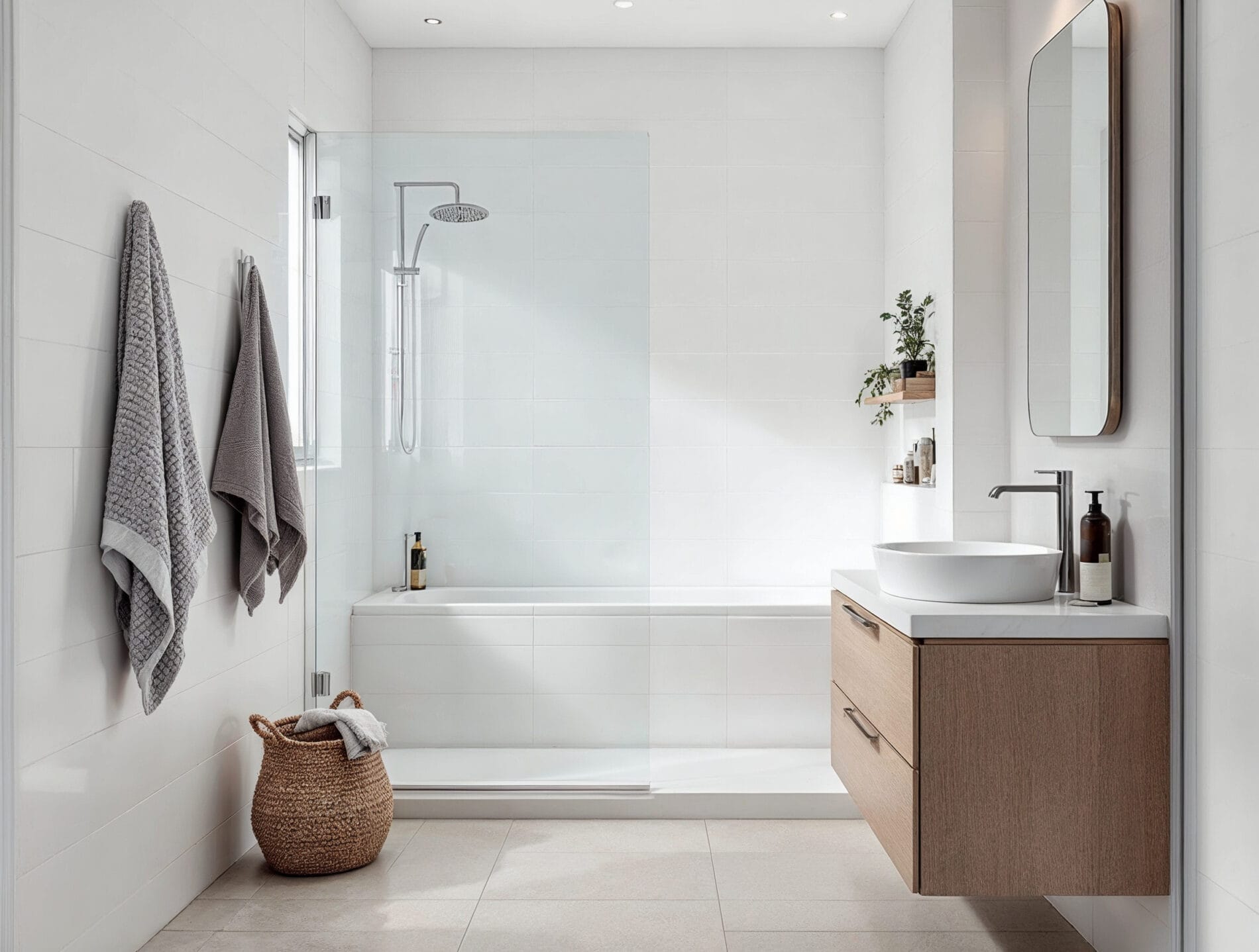 Modern small bathroom with wall-hung vanity and shower-over-bath design – cost-effective bathroom renovation planning Perth