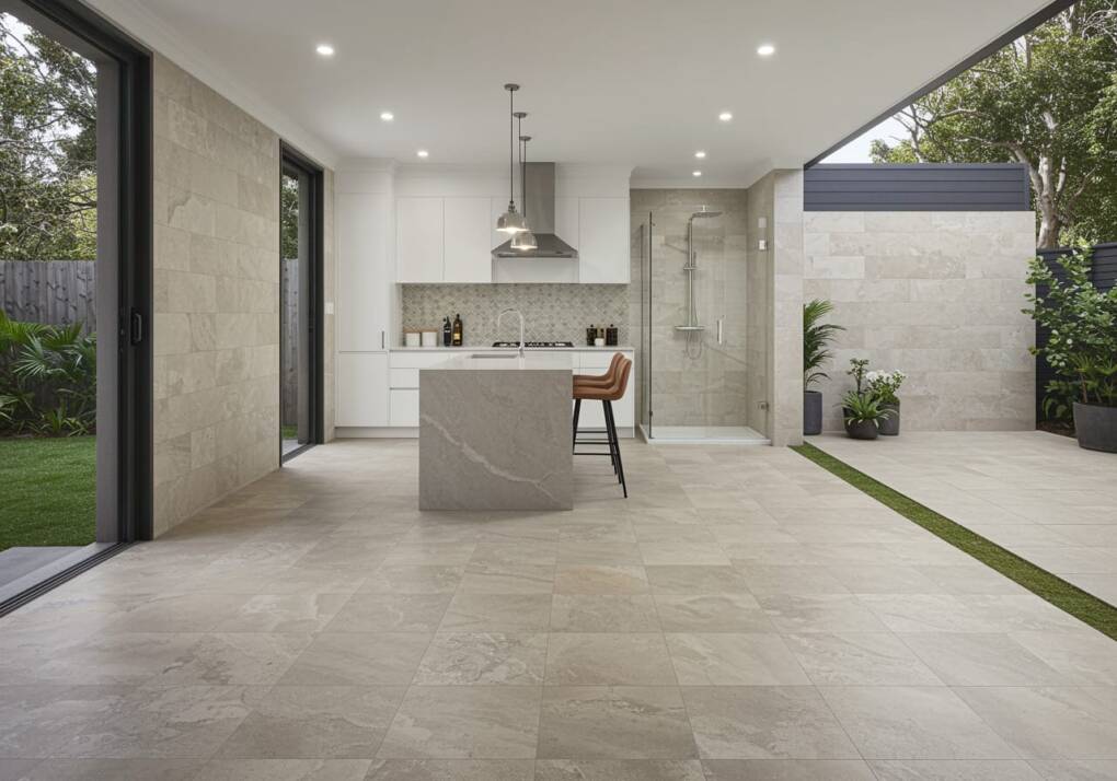 Modern kitchen and outdoor living area featuring stone-look tile flooring – durable, low-maintenance tile flooring Perth