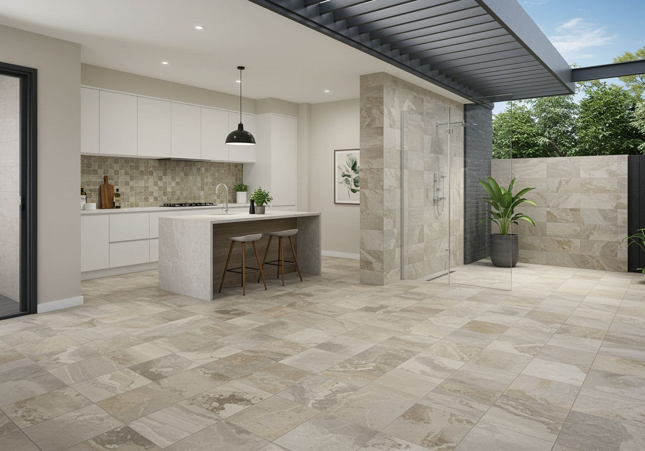 Modern kitchen and alfresco area with stone-look tile flooring – highlighting potential drawbacks of tile flooring Perth
