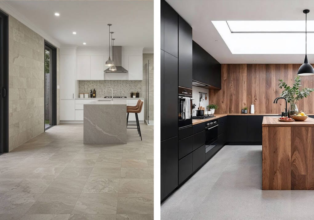 Side-by-side comparison of tile flooring and vinyl flooring in modern Perth kitchens – highlighting differences in style, durability, and maintenance