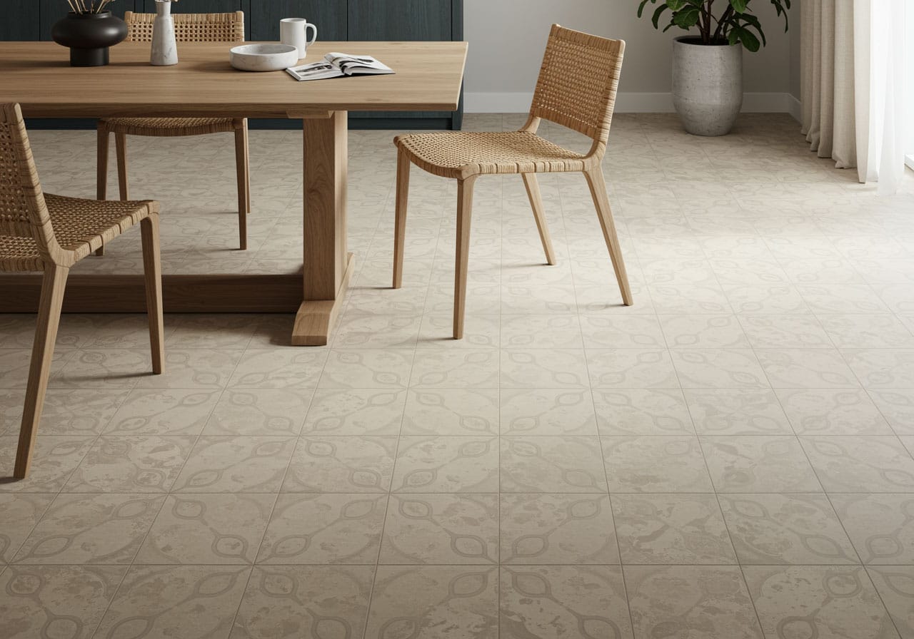 Dining area with decorative ceramic tile flooring – showcasing the best types of tile flooring options in Perth homes