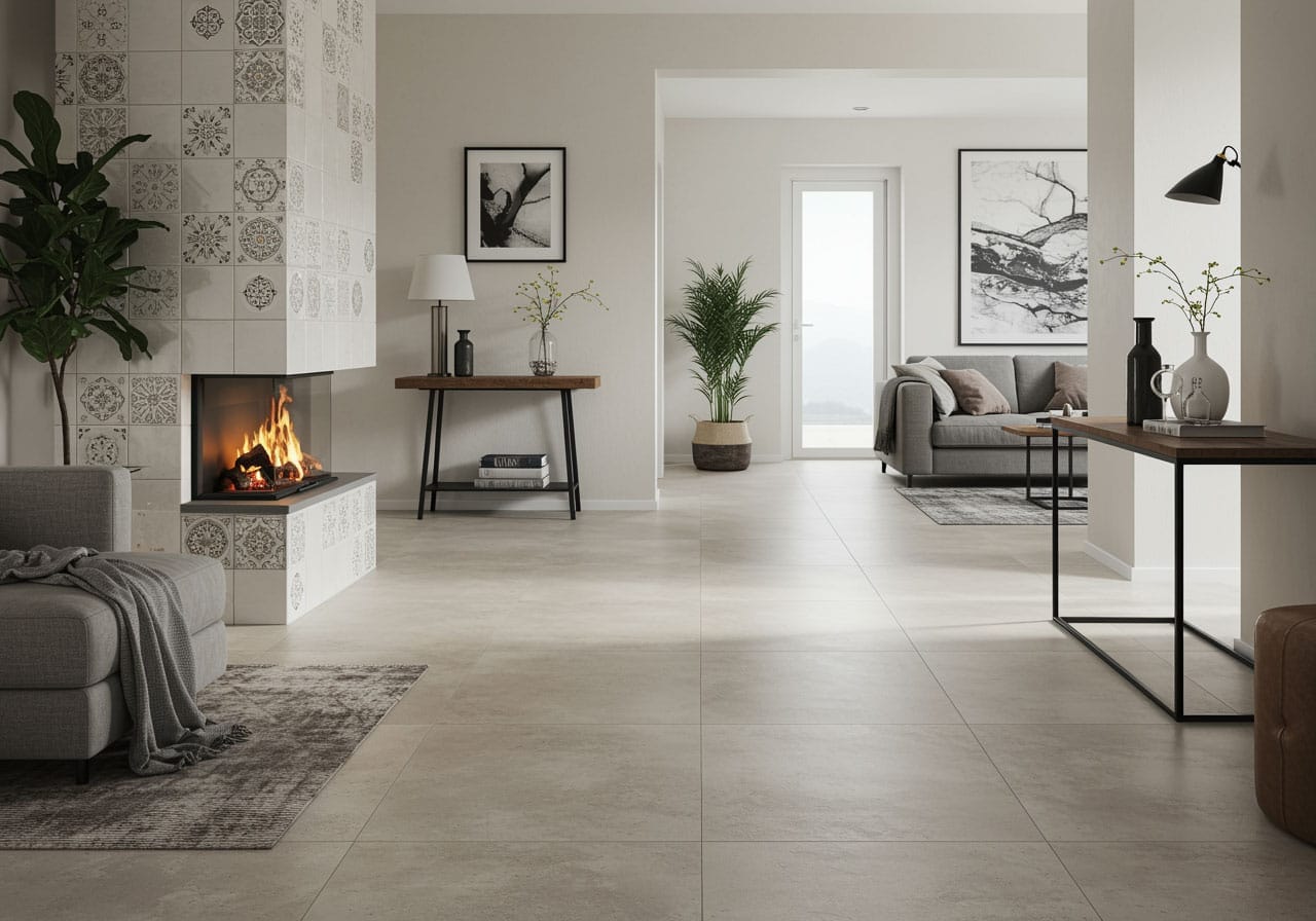 Modern living room with light beige floor tiles – example of where tile flooring works best in Perth homes