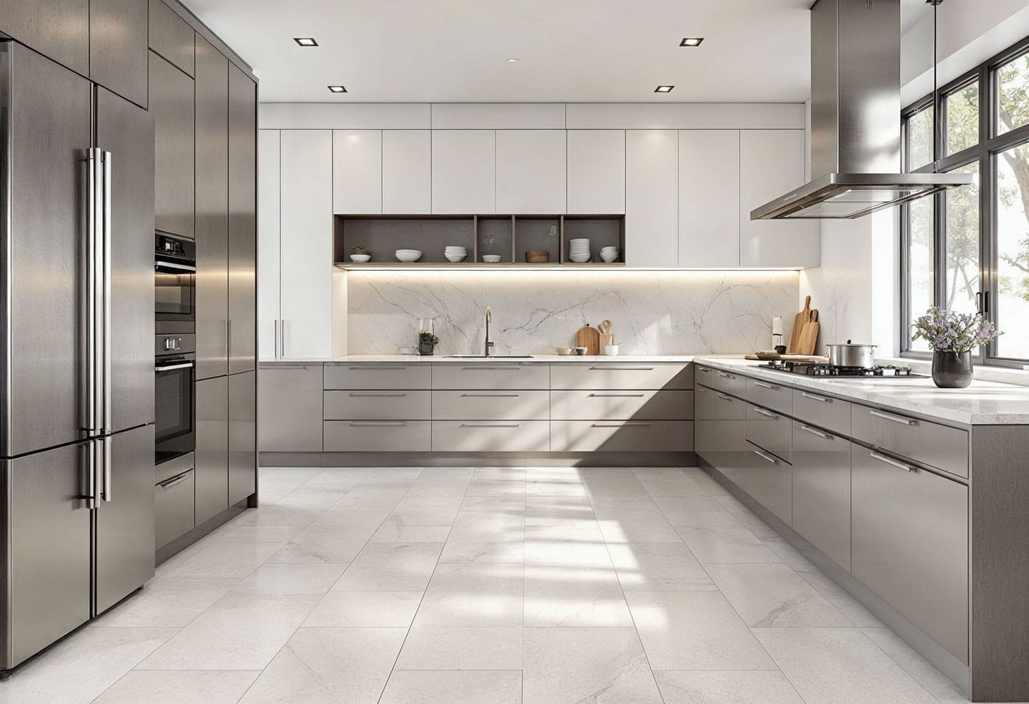 Modern kitchen with light grey tile flooring from Ross’s Discount Home Centre – showcasing stylish and durable floor tiles for Perth homes