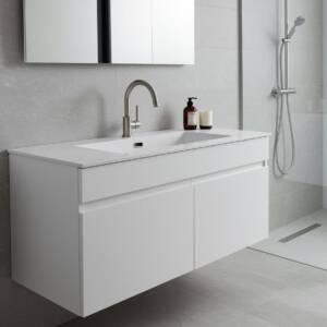 Modern bathroom with wall-hung vanity and integrated sink from Ross’s Discount Home Centre, showcasing a sleek and functional sink and cabinet combo
