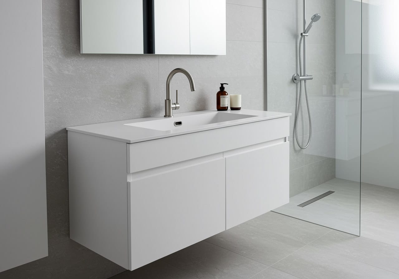Modern bathroom with wall-hung vanity and integrated sink from Ross’s Discount Home Centre, showcasing a sleek and functional sink and cabinet combo