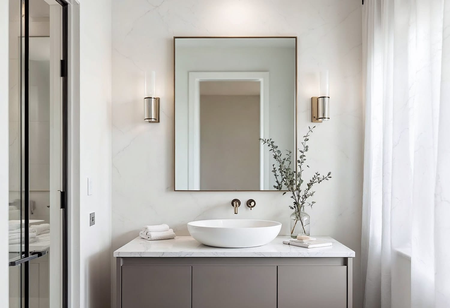 Stylish bathroom featuring a vessel sink, wall-mounted tap, and sleek vanity — showing how the sink, vanity, and tap work together for cohesive design