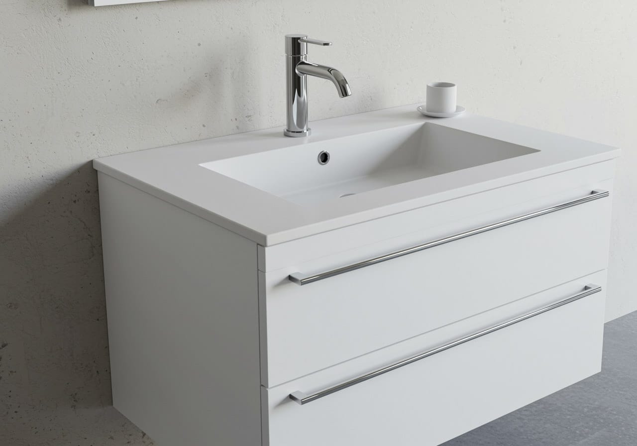 Modern bathroom sink cabinet with chrome mixer tap and minimalist design, showcasing a stylish vanity ideal for Perth bathrooms