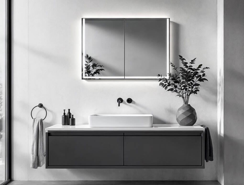 Modern bathroom with charcoal cabinet, white above-counter sink, and black tapware, showcasing a cohesive and stylish Perth bathroom design