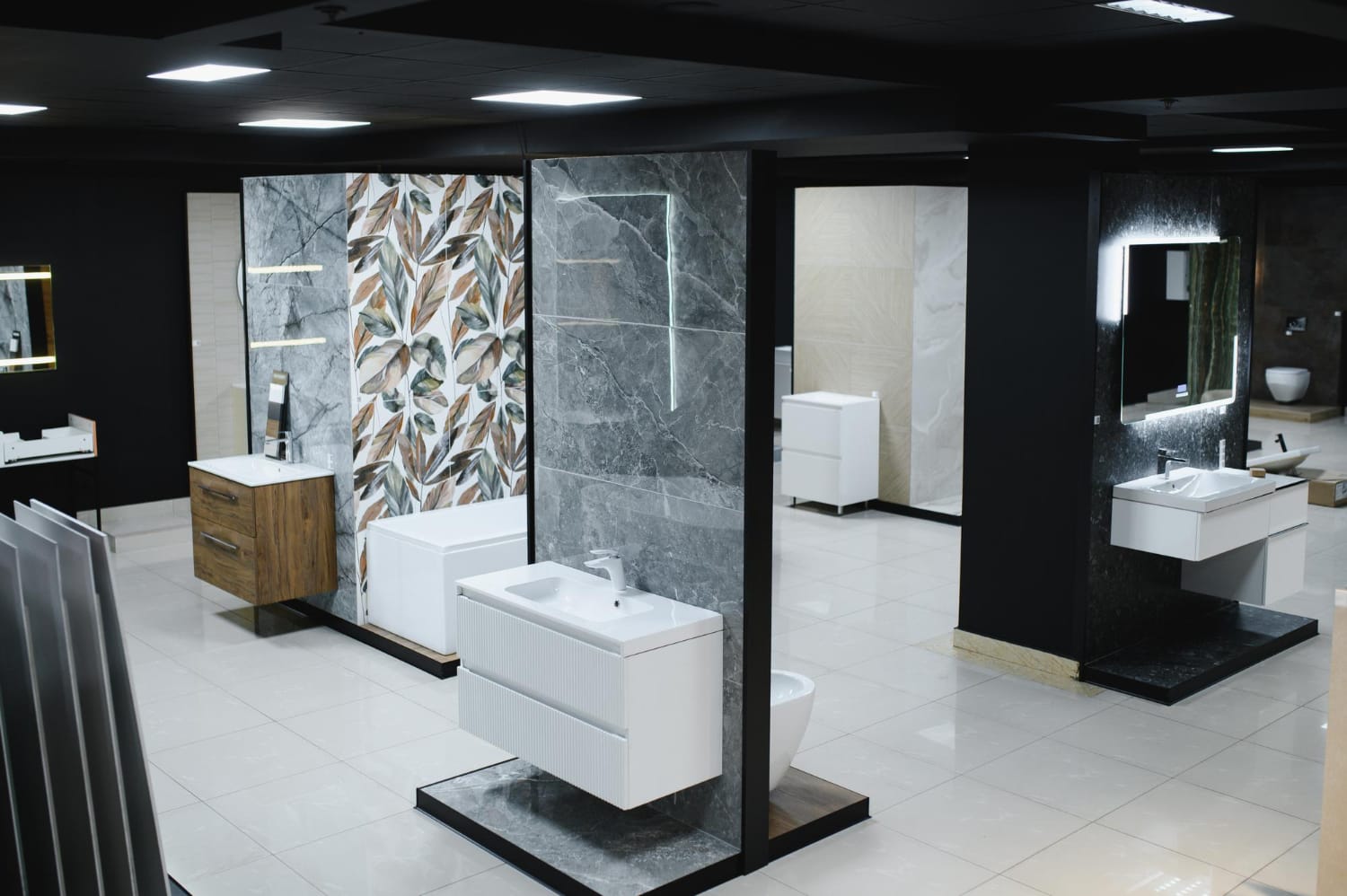 Modern bathroom showroom in Perth featuring vanities, mirrors, and tapware displays, showcasing design options and renovation inspiration