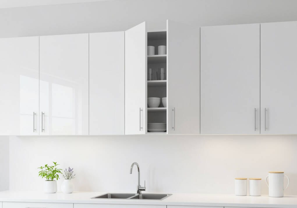 Modern white kitchen cupboards above a sink, showing vertical storage and contemporary Perth kitchen design