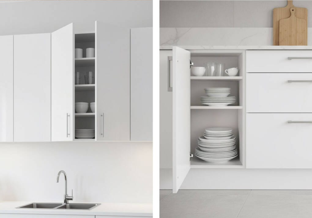 Side-by-side comparison of kitchen cupboards and cabinets showing wall-mounted storage above and base cabinets below, illustrating design differences in a modern Perth kitchen