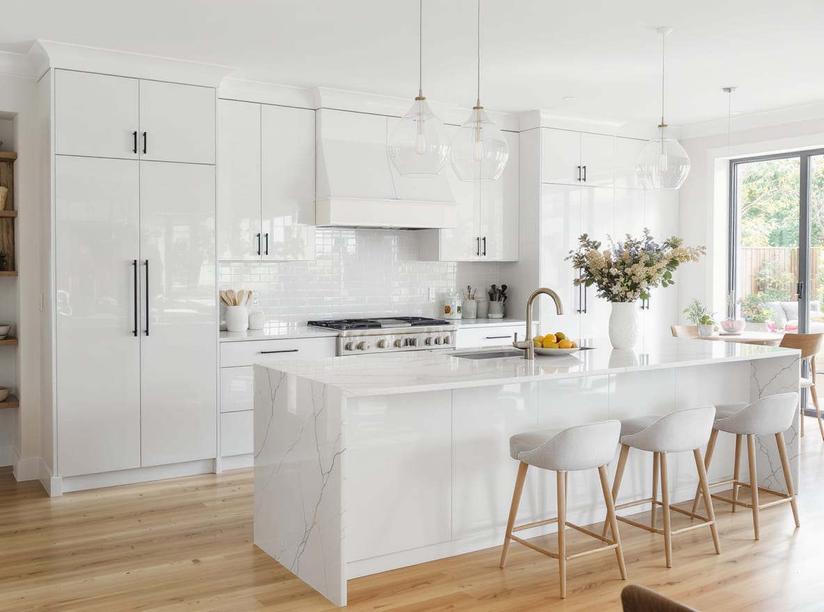 Modern white kitchen with gloss cabinets, island bench, and stylish pendant lighting, showcasing sleek storage solutions available at Ross’s Discount Home Centre in Perth
