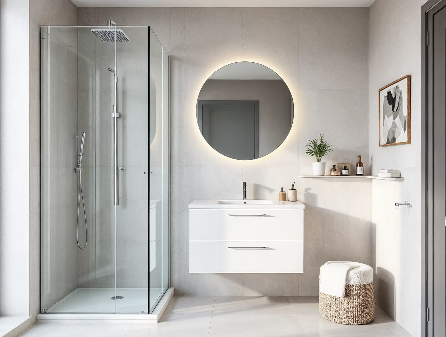Modern small bathroom design idea with walk-in shower, floating vanity, and round LED mirror, showcasing a bright, minimalist space-saving design ideal for Perth homes