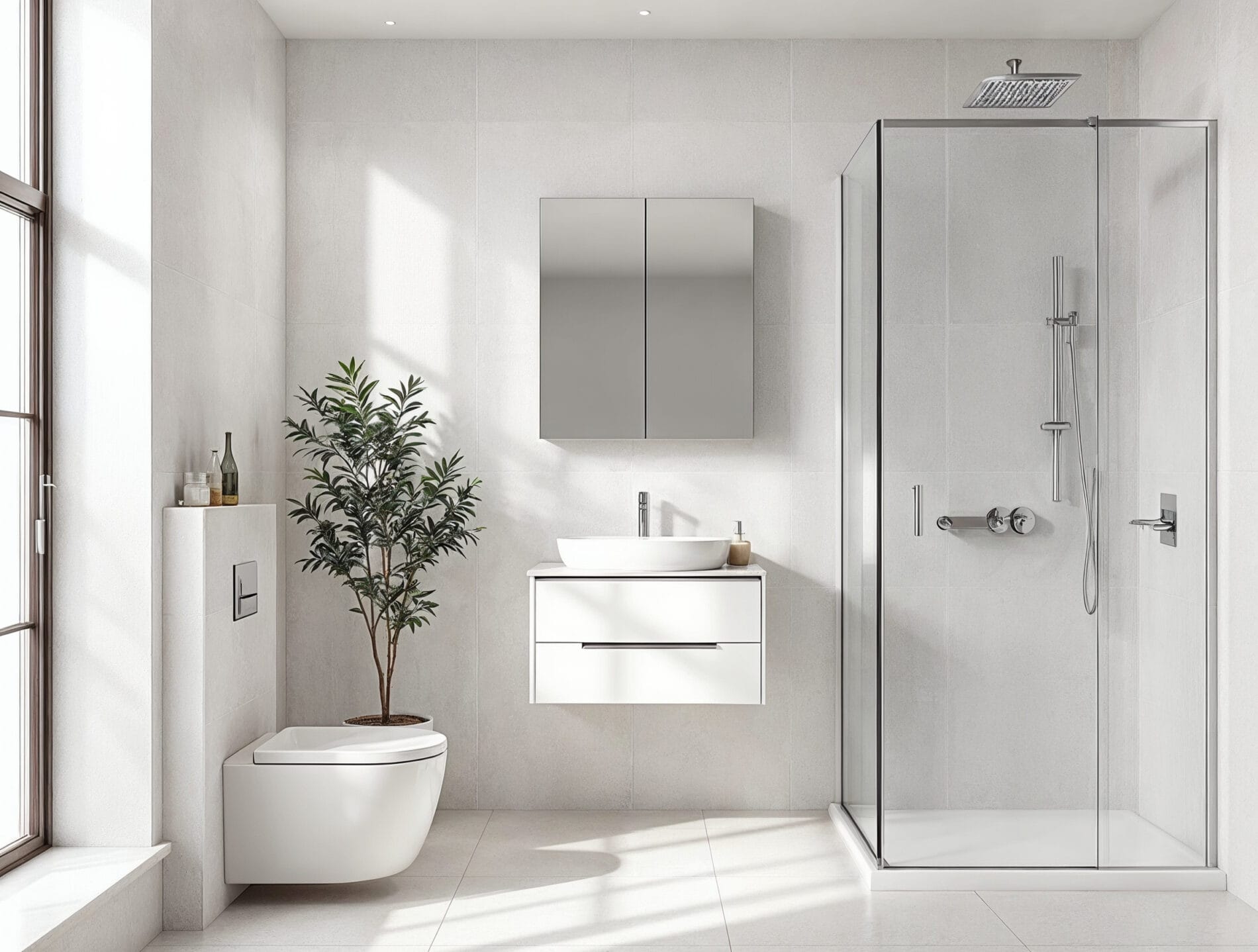 Bright modern small bathroom with walk-in shower, wall-hung vanity, and light tiles demonstrating space-saving redesign basics and minimalist style