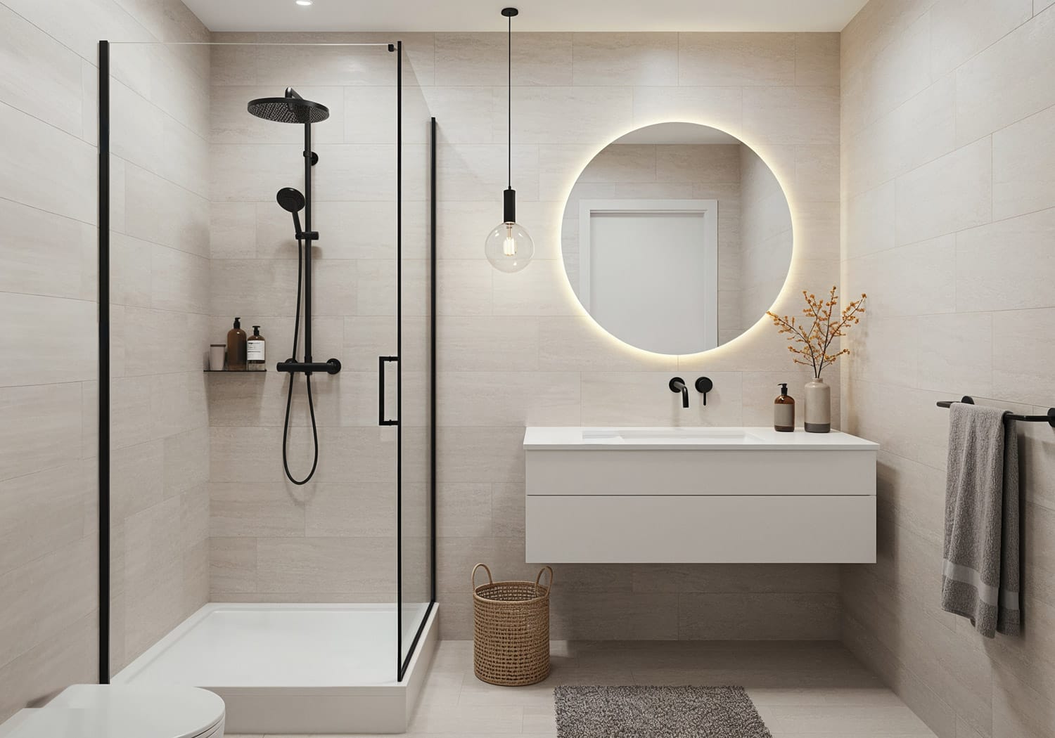 Contemporary small bathroom featuring a floating vanity, round LED mirror, and black tapware, showcasing a modern minimalist bathroom style popular in Perth homes