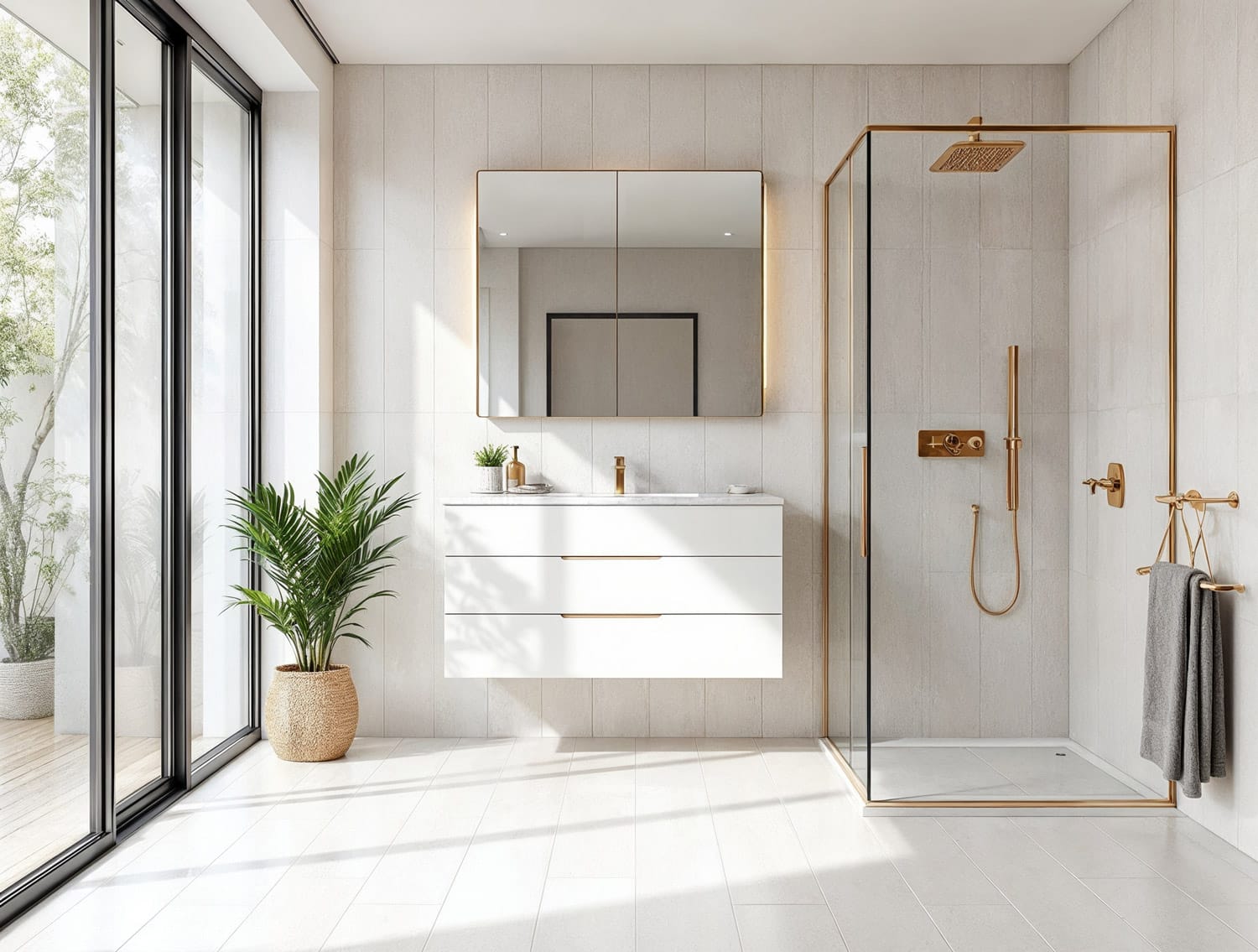 Elegant small bathroom with glass shower enclosure, gold fixtures, and floating vanity, showcasing bright space-saving shower ideas for modern Perth homes