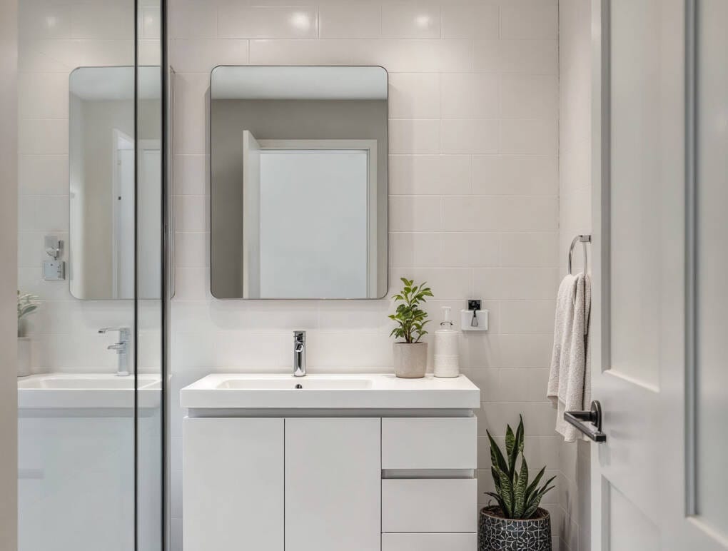 Stylish small bathroom with floating vanity, mirror, and indoor plants showcasing budget-friendly bathroom design ideas for modern Perth homes