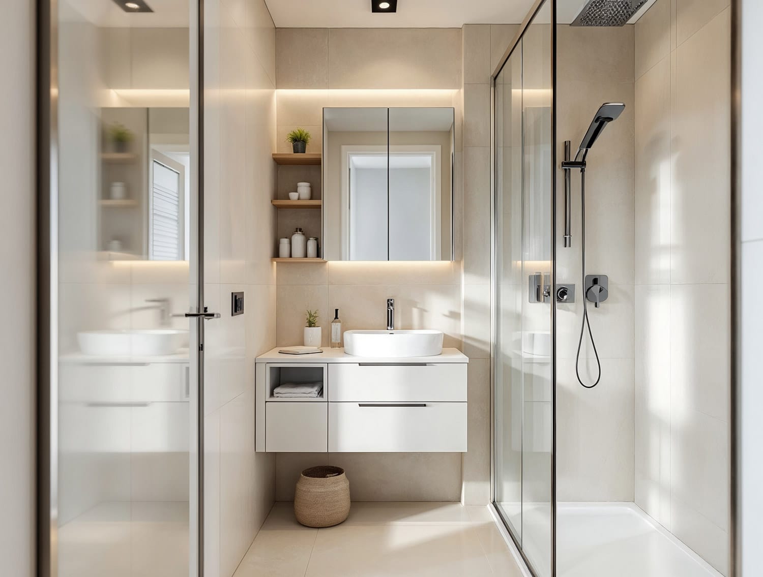 Compact modern ensuite with floating vanity, frameless glass shower, and neutral tones, showcasing tiny bathroom ideas for apartments and Perth homes