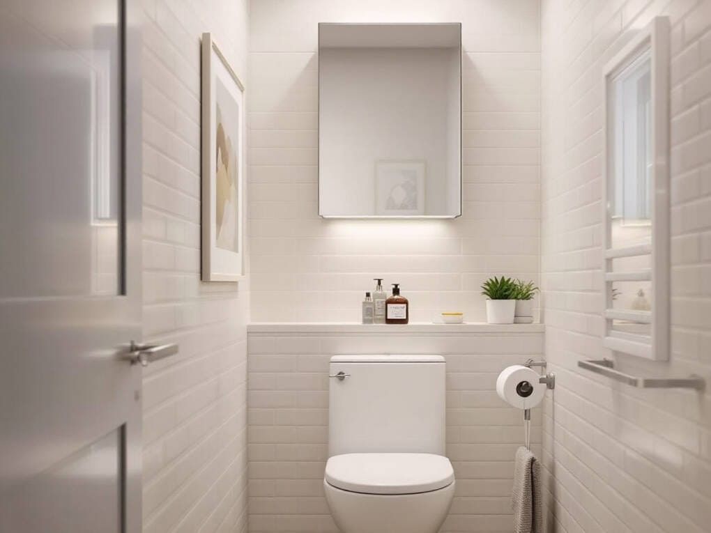 Stylish washroom with mirror cabinet above, featuring modern white tiles and coordinated finishes for a clean, cohesive design