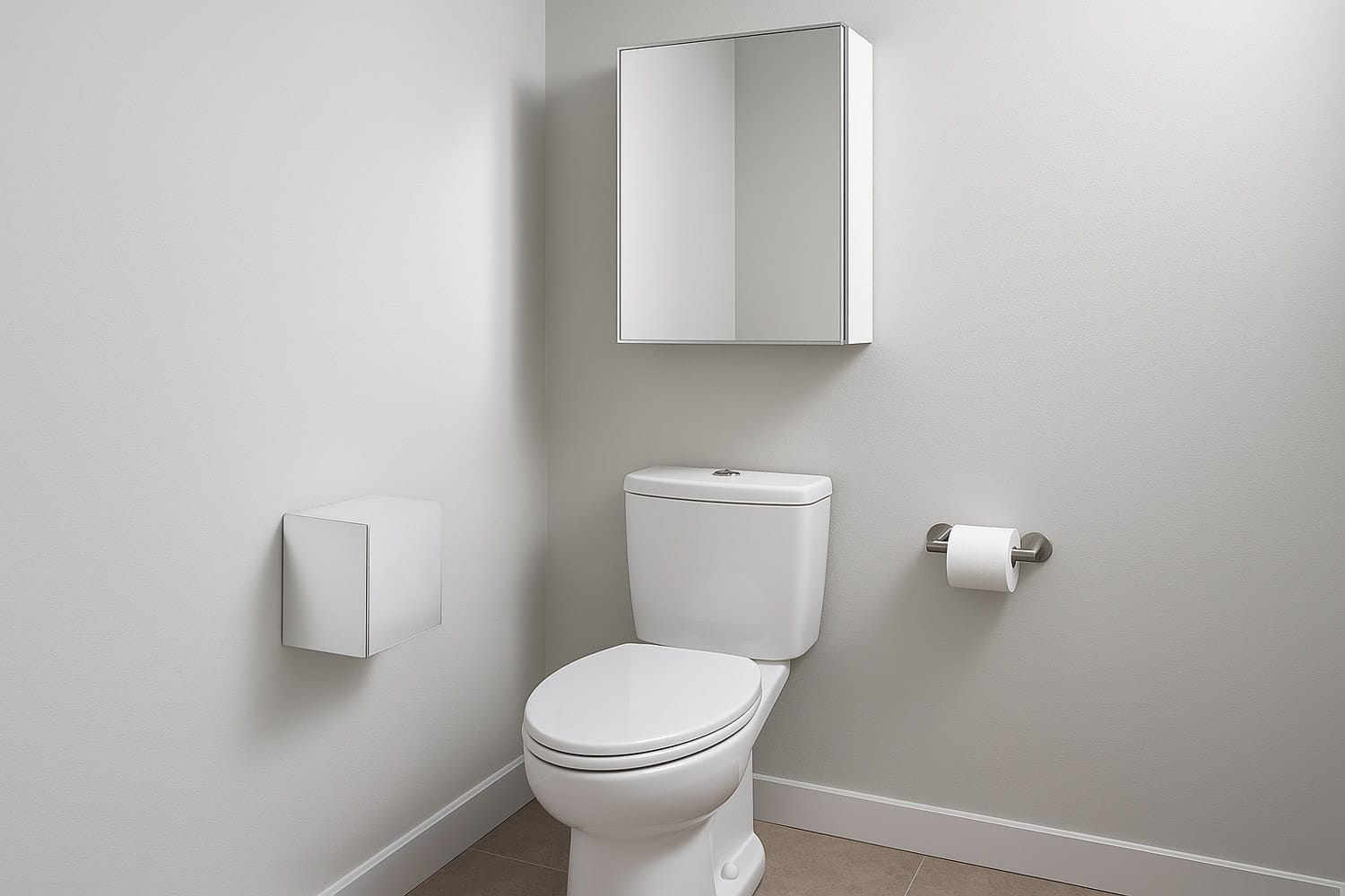 Modern toilet with a wall-mounted mirror cabinet above, demonstrating correct installation height and safe positioning for compact powder rooms