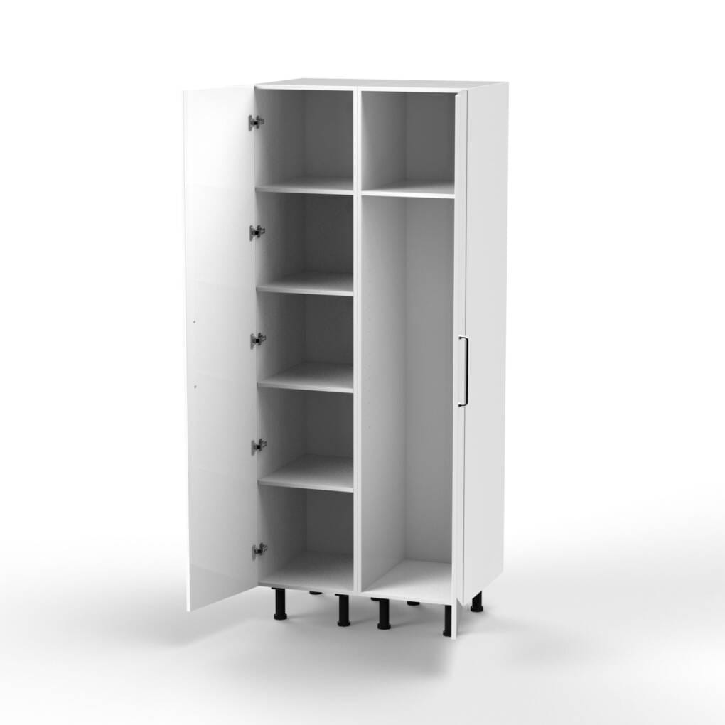 side by side 45cm Pantry/Linen Cupboards (x2) - example double configuration showing shelves and broom cupboard