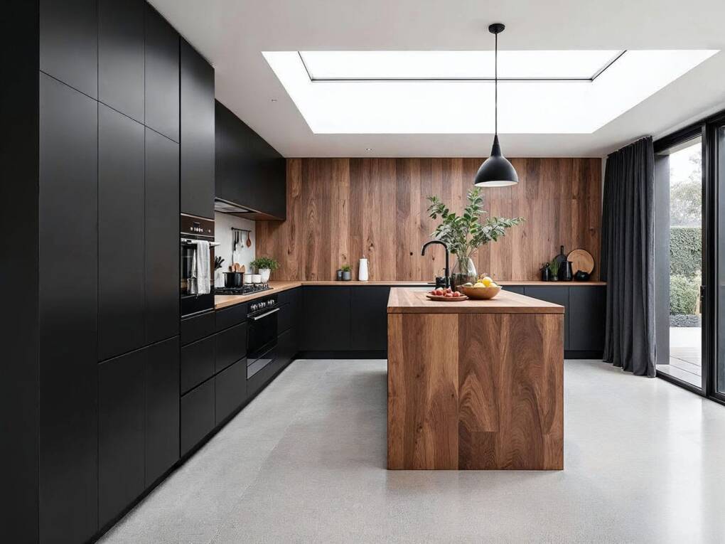 Modern custom kitchen with black cabinets, wood accents, and a central island under a skylight, showcasing a contemporary Australian home design