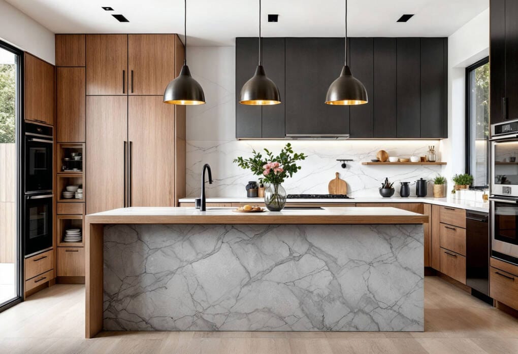 Luxury custom kitchen featuring black and wood cabinetry with a marble island and pendant lighting, showcasing a high-end modern design