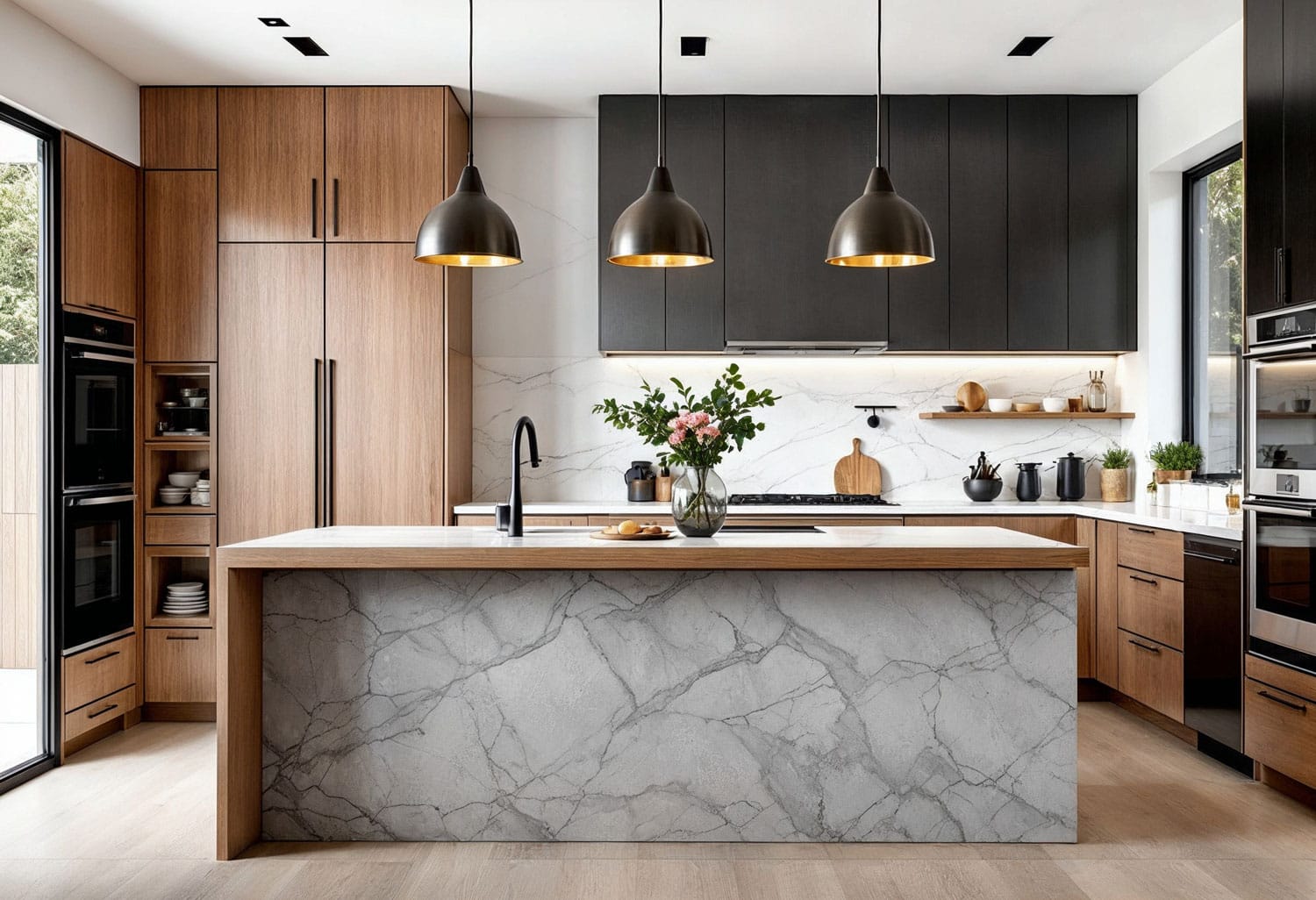 Luxury custom kitchen featuring black and wood cabinetry with a marble island and pendant lighting, showcasing a high-end modern design