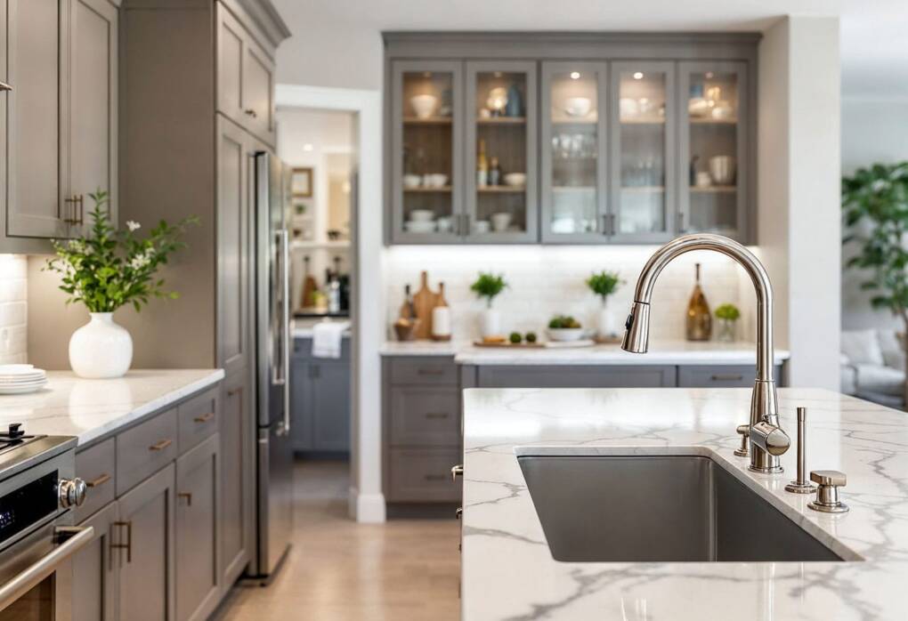 Modern kitchen with custom grey cabinets, marble benchtop, and brushed nickel tapware, showcasing a high-end bespoke design in a Perth home