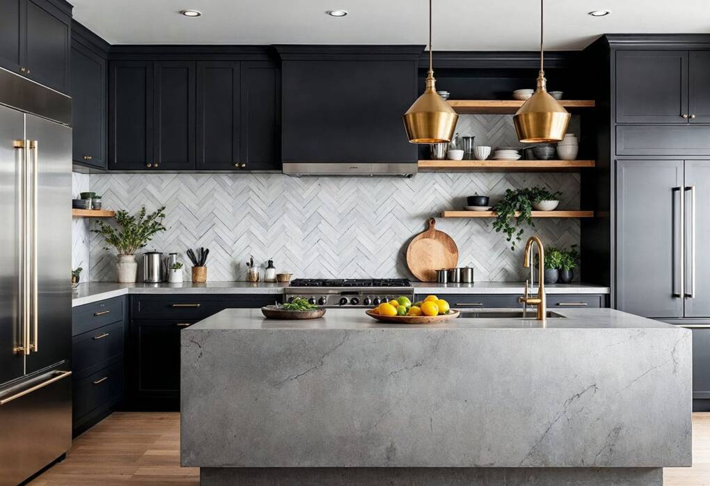 Luxury kitchen with custom black cabinets, marble island, and gold pendant lighting, highlighting the premium craftsmanship and cost of custom cabinetry