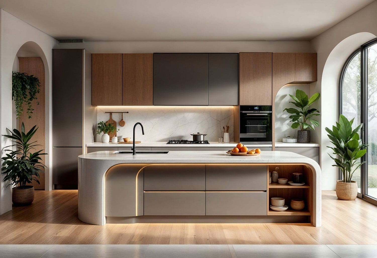 Elegant custom kitchen featuring curved cabinetry, marble benchtop, and soft wood finishes with modern lighting, ideal for luxury home renovations