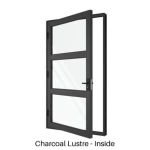 Single Front Entry Door with Double Horizontal Midrails Charcoal Lustre Inside