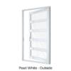 Single Front Entry Door with Four Horizontal Midrails Pearl White Outside