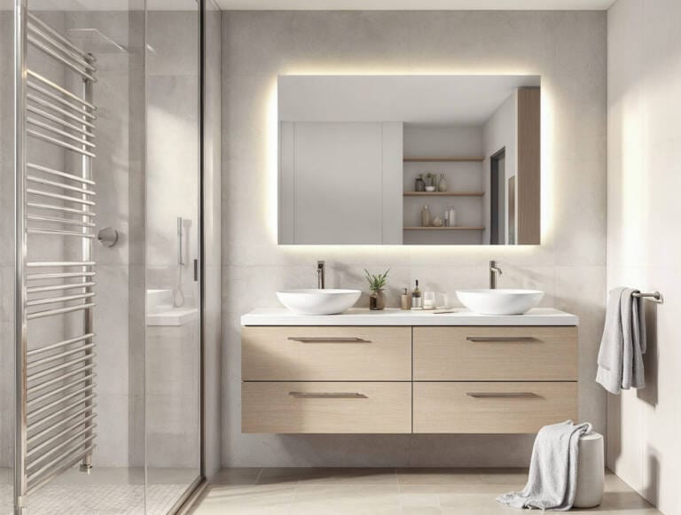 trendy Rectangular Bathroom Mirror in modern bathroom setting