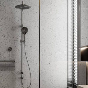 Integrated dual shower system with overhead rainfall shower and handheld shower on a single rail.