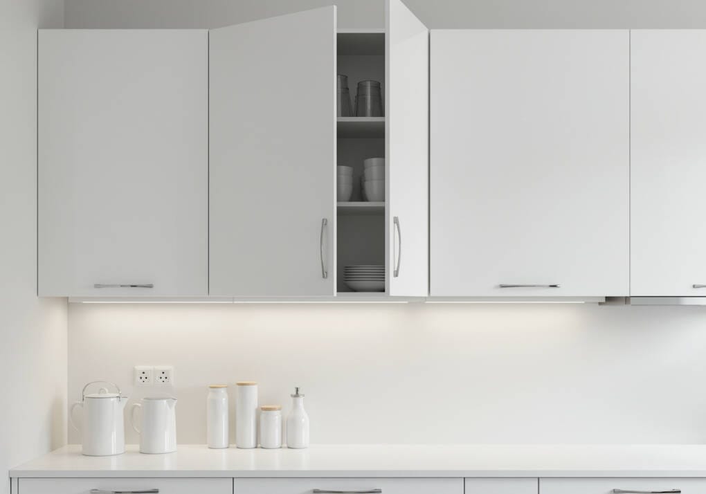 Laminate kitchen cabinets with flat-panel doors showing smooth melamine surface finish