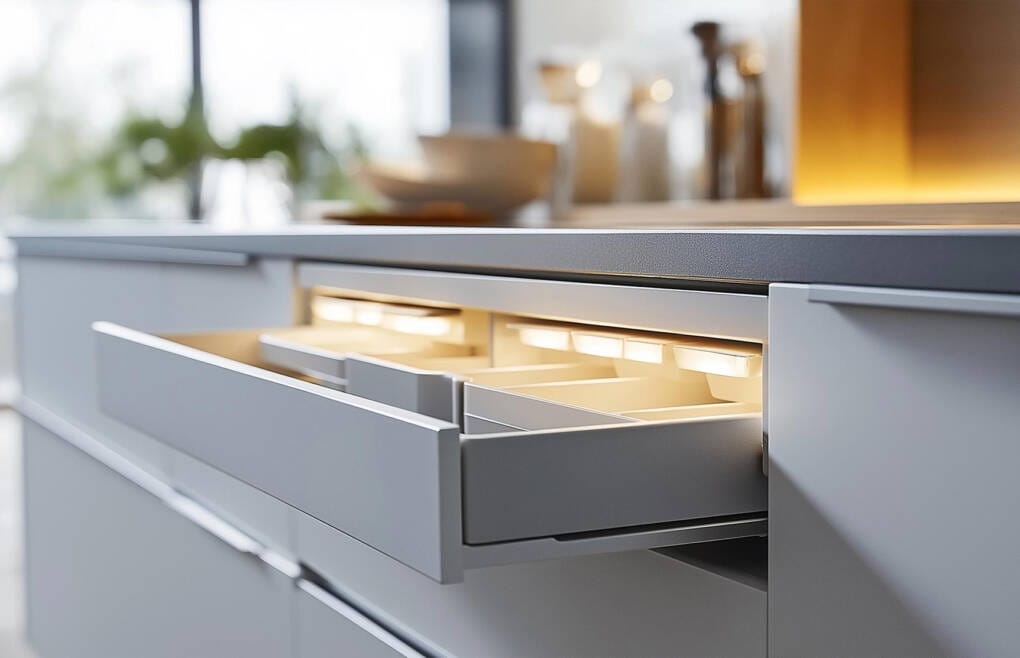 Thermoformed vinyl kitchen cabinet drawers showing seamless vinyl wrap finish and integrated drawer construction