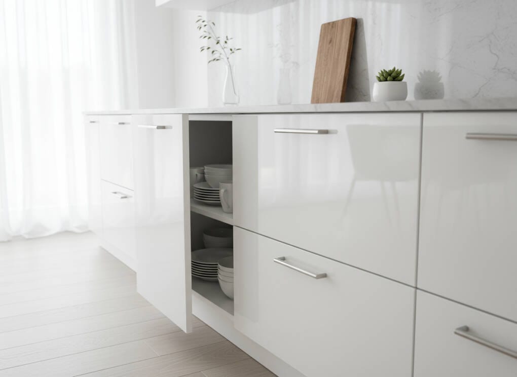 Gloss white 2PAC polyurethane kitchen cabinets with seamless painted finish