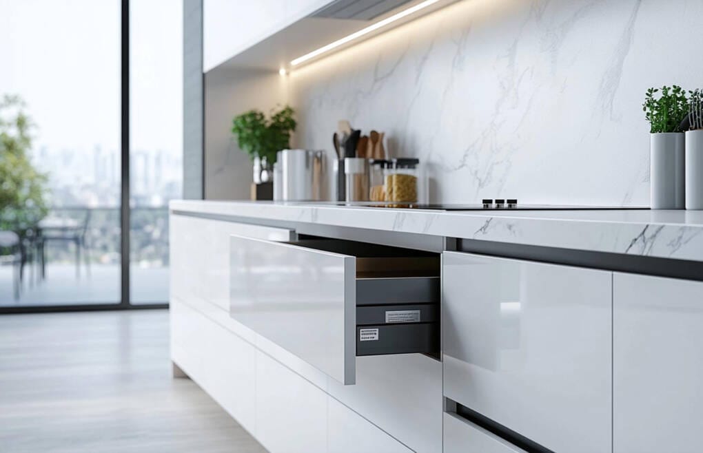High-gloss acrylic kitchen cabinets with smooth reflective surface and handleless drawers